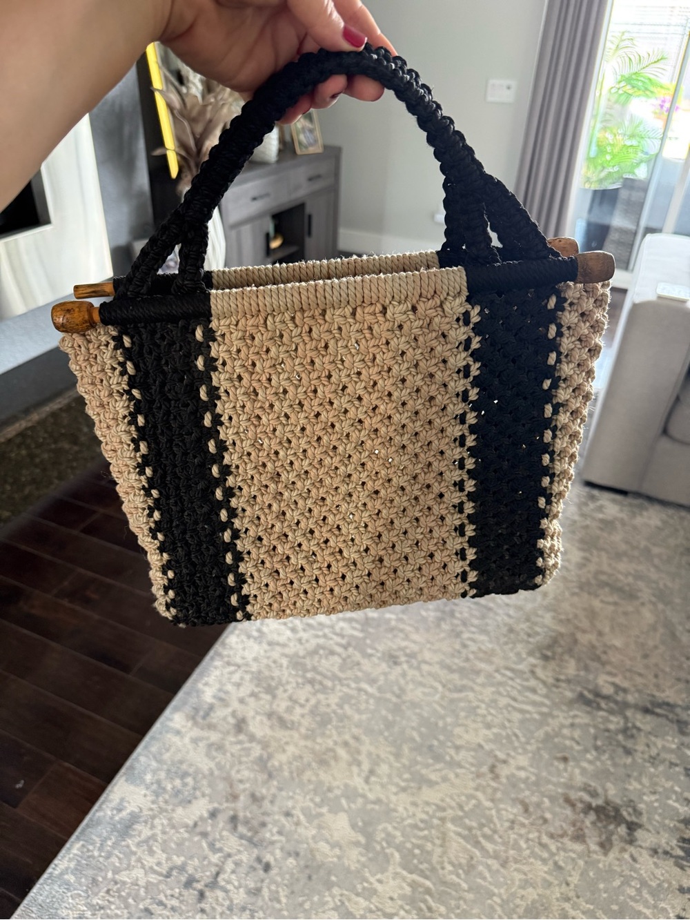 Handwoven Crochet Black and Cream Straw Tote Bag
